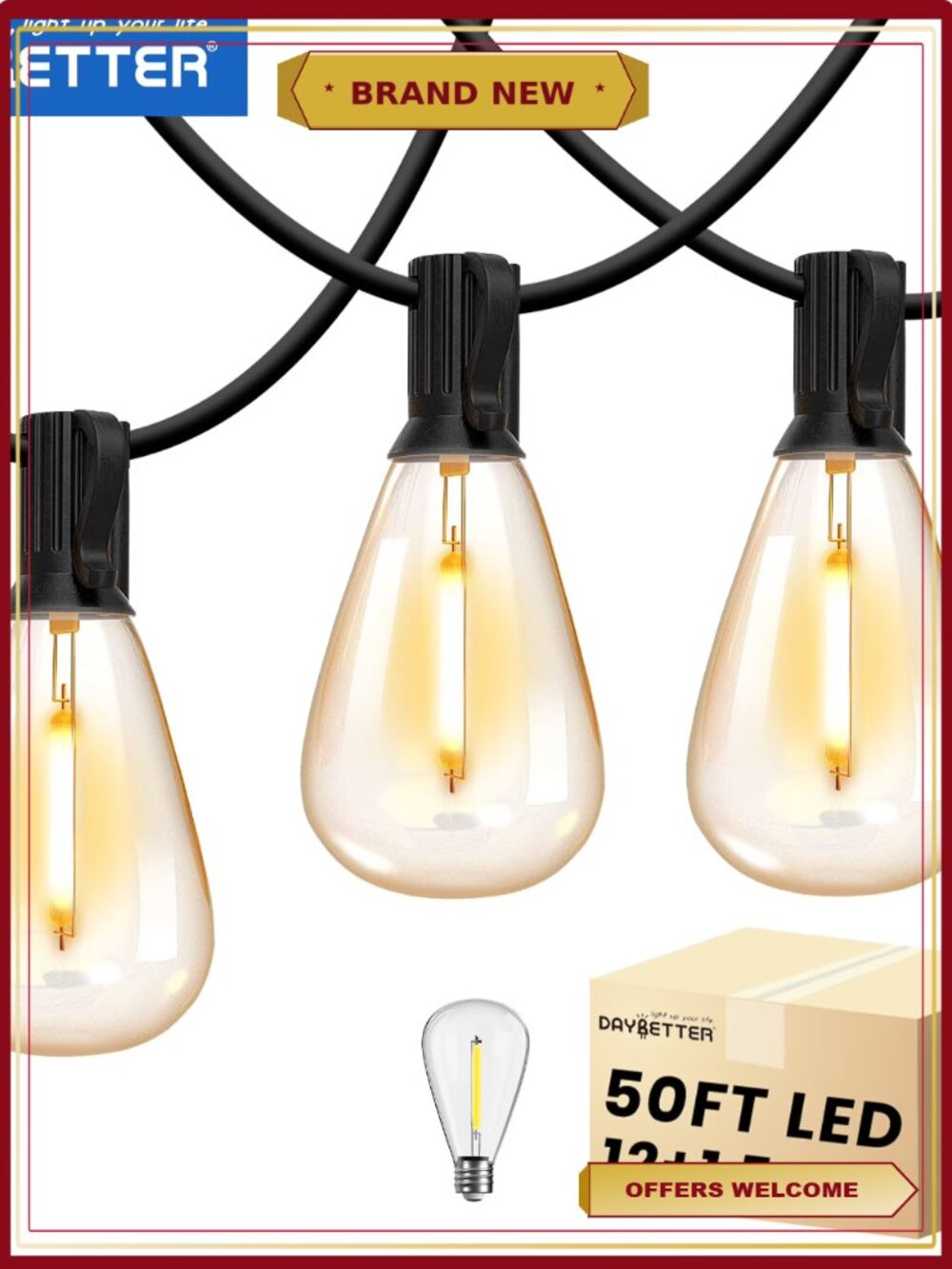 50FT Outdoor String Lights Waterproof Patio 12+1 S11 Bulbs Shatterproof